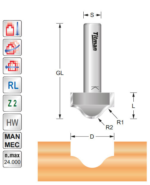 Profilfräser HW Z=2 D=20 R=6+6 L=12 GL=52 S=8