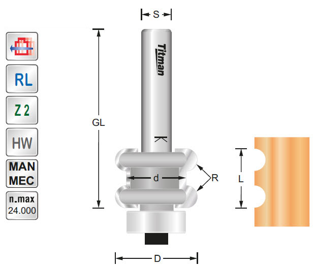 Profilfräser/Lager HW Z=2 D=22 R=3 L=16 S=8