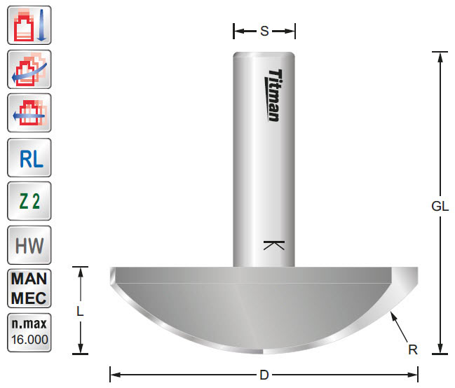 Hohlkehlfräser HW Z=2 D=60 R=40 L=17 GL=59 S=12