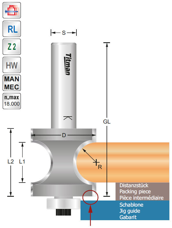 Halbstabfräser/Lager HW Z=2 D=26 R=6.8 S=12