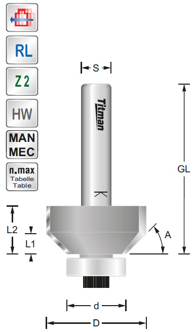 Fasefräser/Lager HW Z=2 D=27/16 A=30° L=9 S=8