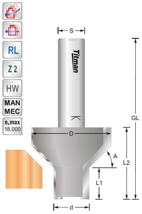 Faseprofilfräser HW Z=2 D=36/16 A=45°L=33 S=12