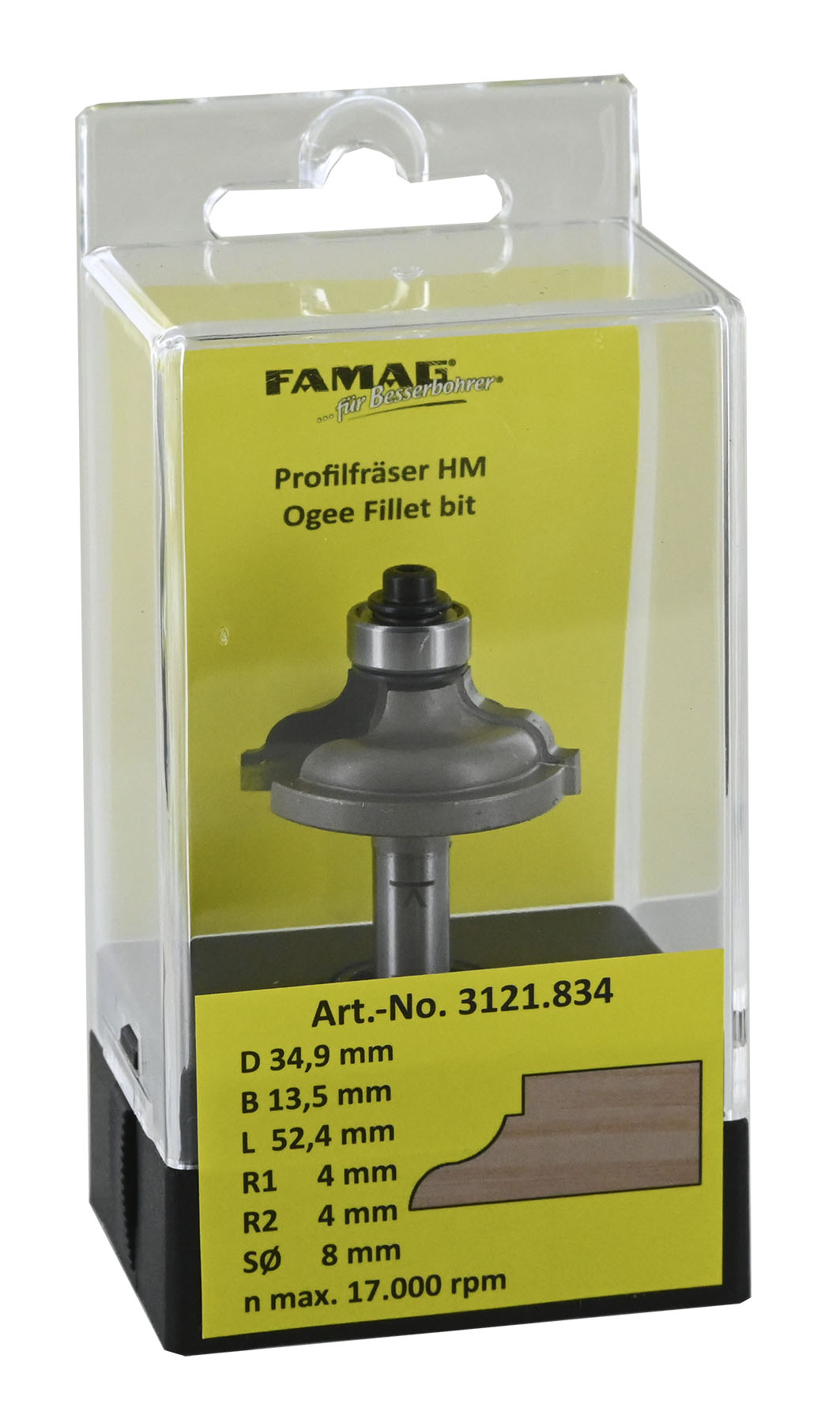 FAMAG HM-Profilfräser D34,9 B13,5 R4/4 GL 52 mm, SØ8 mm mit Anlauflager D12,7 mm