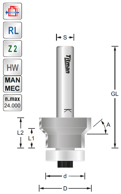 Fasefräser/Lager HW Z=2 D=15.5 A=45/90° L=14 S=8