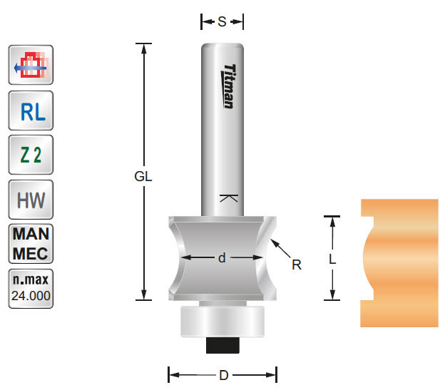 Profilfräser/Lager HW Z=2 D=22 R=10 L=16 S=8