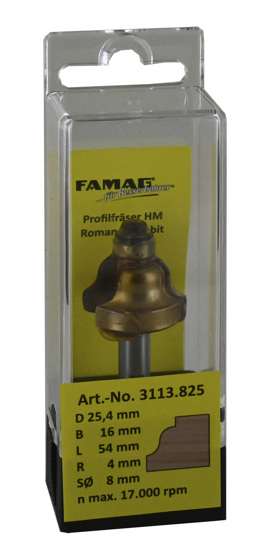 FAMAG HM-Profilfräser D34,9 B20 R6,4 GL 57 mm, SØ8 mm mit Anlauflager D9,5 mm