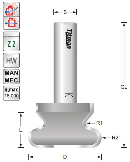 Griffleistenfräser HW Z=2 D=38 R=2+6.3 L=23 S=12