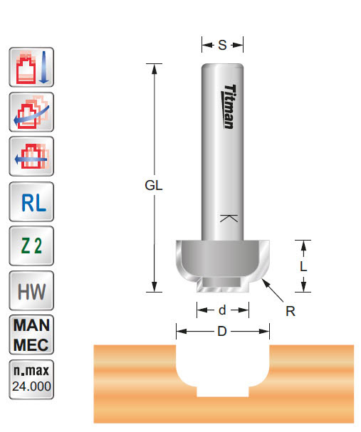 Profilfräser HW Z=2 D=18/10 R=4 L=10 GL=42 S=8