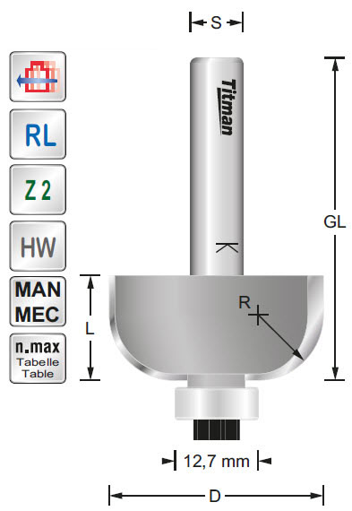 Halbhohlkehlfräser/Lager HW Z=2 D=32.7 R=10 L=16 S=8