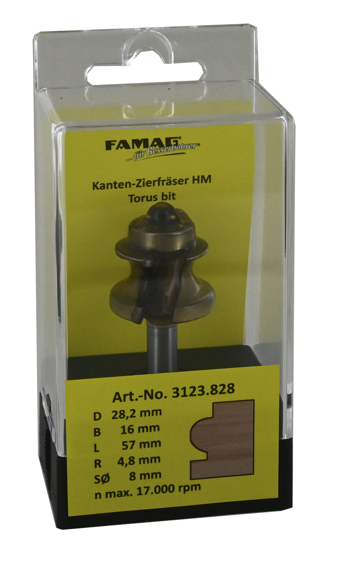 FAMAG HM-Kanten-Zierfräser mit Kugel, D28,2 R4,8 Sh8  54/8