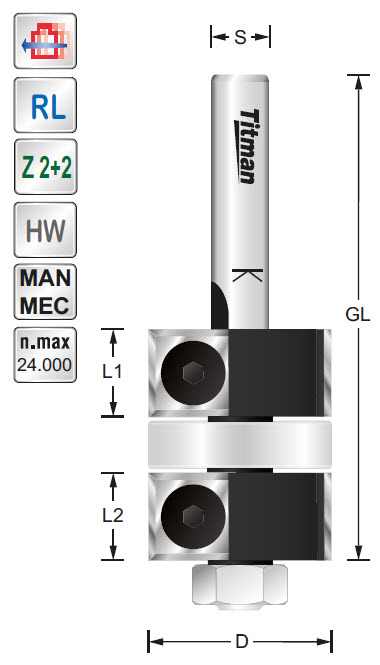 WP-Doppel-Bündigfräser HW Z=2+2 D=25 L=12/20 S=12