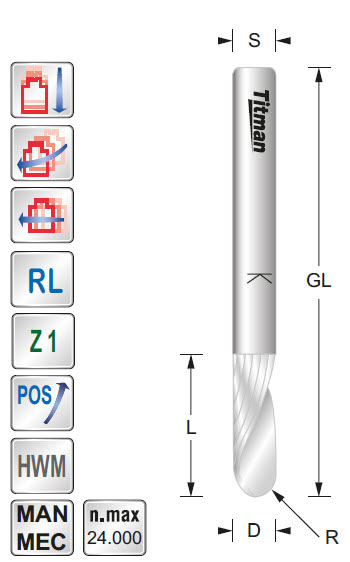 Hohlkehl-Spiralfräser HWM Z=1 D=10 R=5 L=35 GL=80 S=10 RL