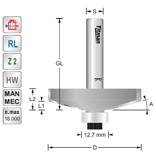 Fasefräser/Lager HW Z=2 D=44 d=12,7 A=15° L=10 S=8
