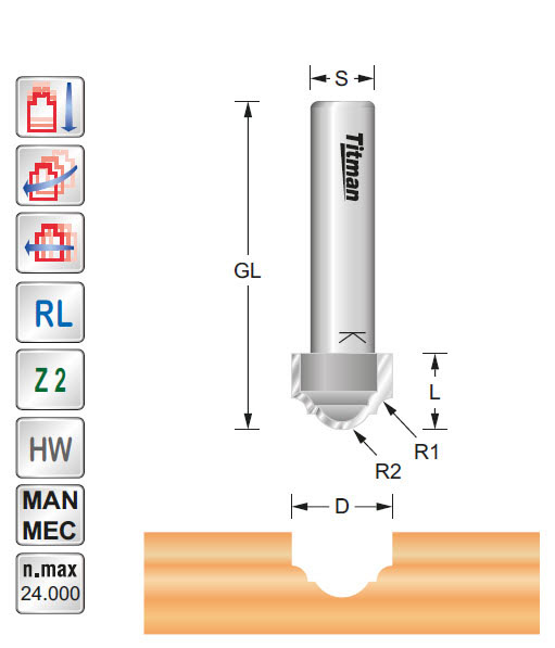 Profilfräser HW Z=2 D=12.7 R=2+4 L=9.5 S=8
