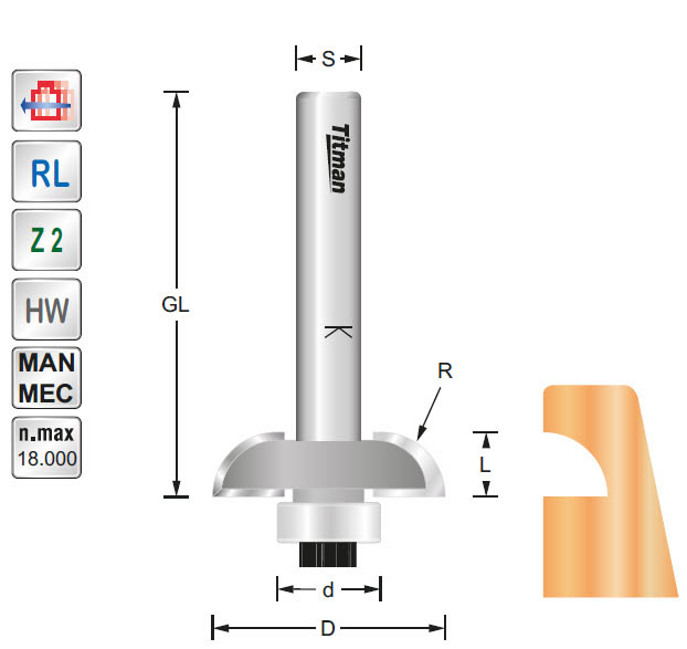 Kapillarnutfräser HW Z=2 D=28.7 R=8 L=8 d=12,7 GL=50 S=8