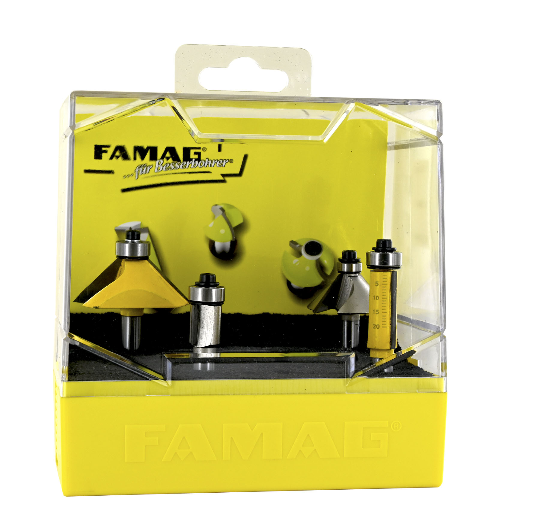 FAMAG 4-teiliges Bündig-3101 u. Kantenfräser-3118 Set, HM-bestückt in Kunststoff-Box