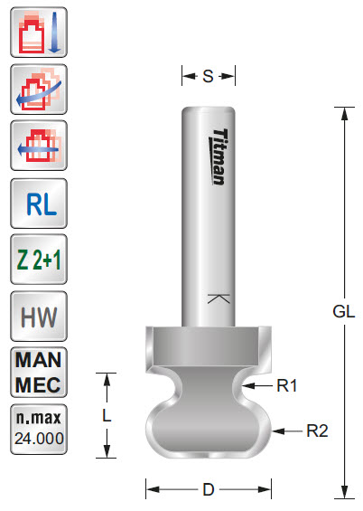 Handgrifffräser HW Z=2 D=19 R=4 L=19+13.5 S=10