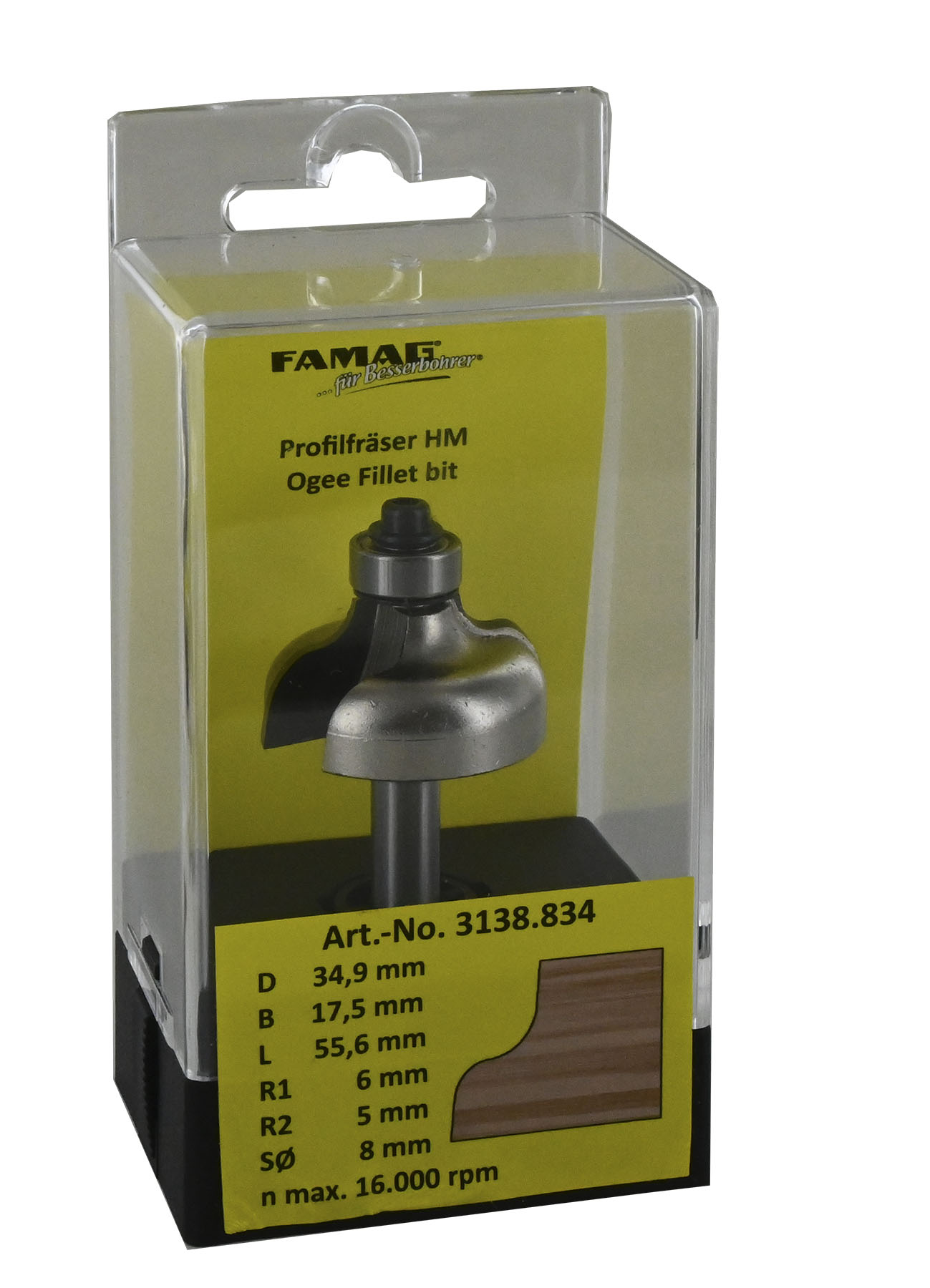 FAMAG HM-Profilfräser D34,9 B17,5 R6/5 GL 55 mm, SØ8 mm mit Anlauflager D12,7 mm