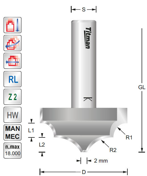 Kannelierfräser HW Z=2 D=41.5 R=6+15 S=12