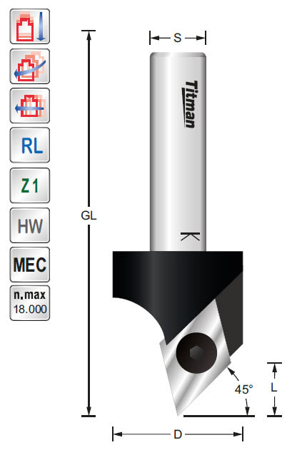 WP-V-Nutfräser Z=1 L142-RA D=27 L=12,5 A=45° GL=78 S=12