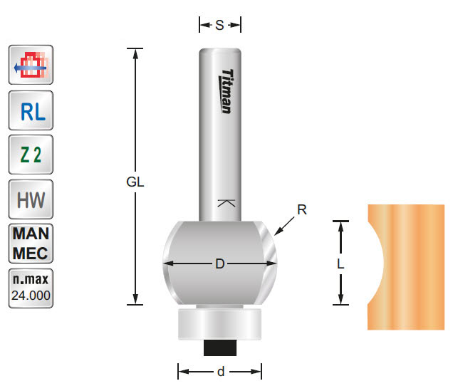 Profilfräser/Lager HW Z=2 D=22 R=12 L=16 S=8