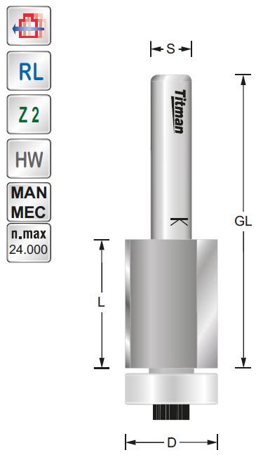 Bündigfräser/Lager HW Z=2 D=18 L=25 GL=68 S=12