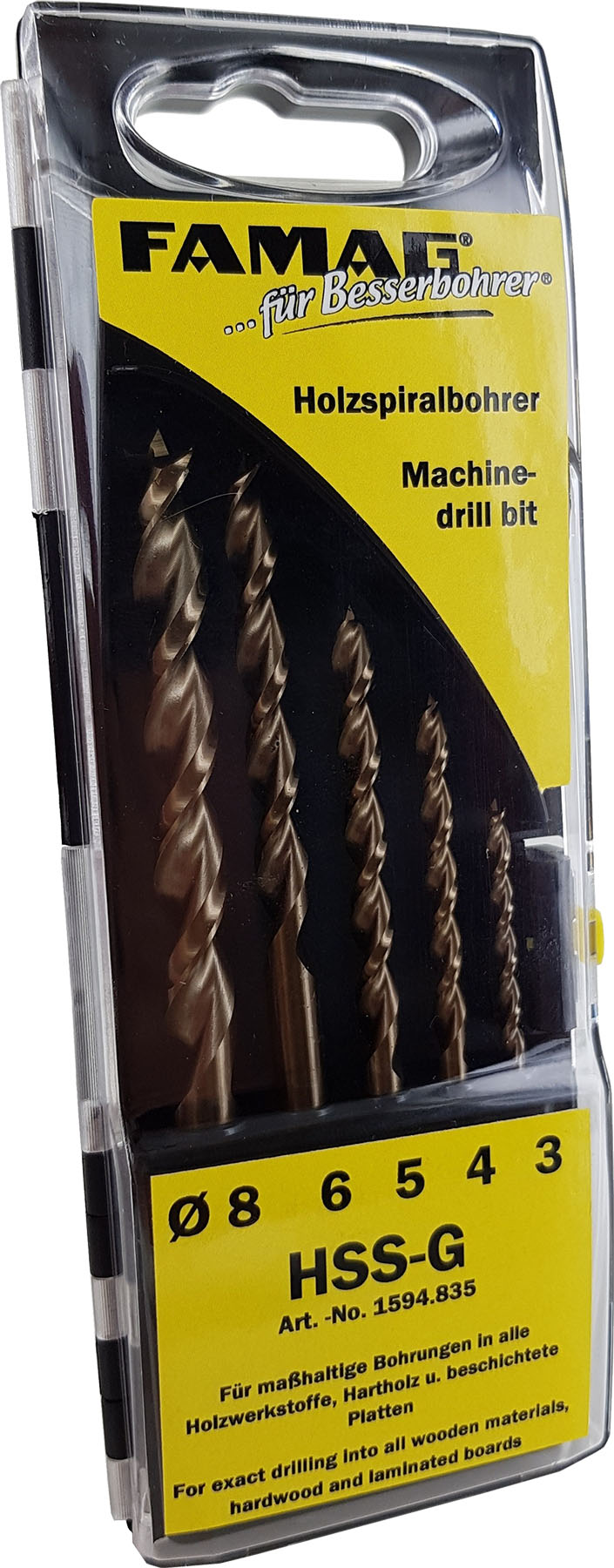 FAMAG Holzspiralbohrer Set HSS-G 5-tlg., in Kunstst.-Box 3-4-5-6-8 mm