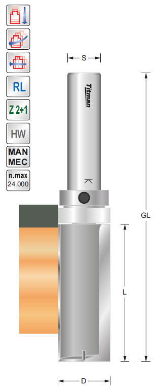 Bündigfräser/Lager HW Z=2 D=12.7 L=19 GL=66 S=6