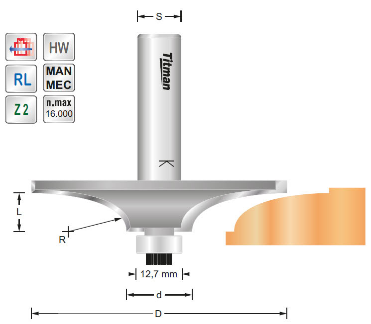 Abrundfräser HW Z=2 D=70 d=18 R=16 L=16 S=12