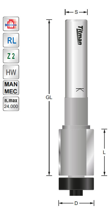 Bündigfräser/Lager HW Z=2 D=19 L=25 GL=96 S=12