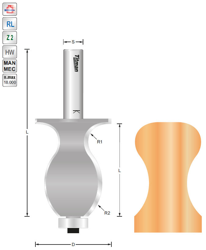 Handlauffräser HW Z=2 D=46 L=56 R=12.7/28 S=12