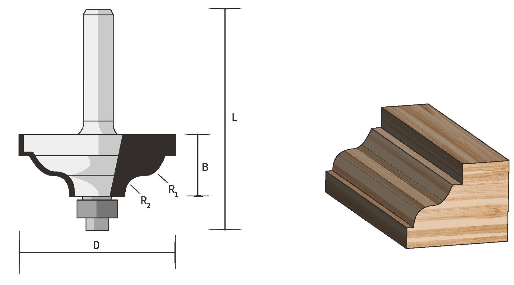FAMAG HM-Profilfräser D34,9 B13,5 R4/4 GL 52 mm, SØ8 mm mit Anlauflager D12,7 mm