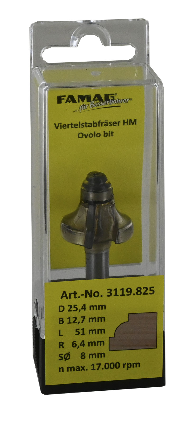 FAMAG HM-Viertelstabfräser D19,1 B9,5 R4 GL 47 mm, SØ8 mm mit Anlauflager D9,5 mm