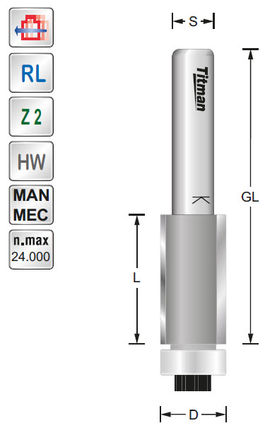 Bündigfräser/Lager HW Z=2 D=18 L=12 S=6