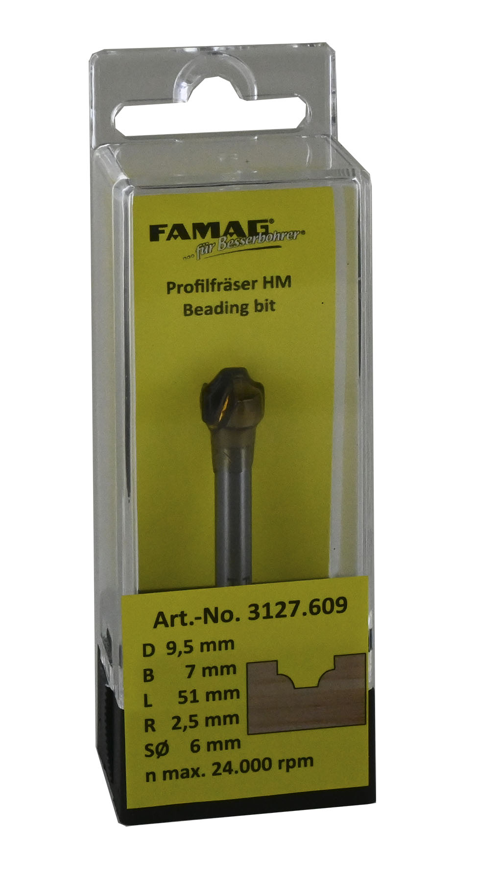 FAMAG HM-Profilfräser D9,5 B 7 R2,5 GL 51 mm, SØ8 mm ohne Anlauflager
