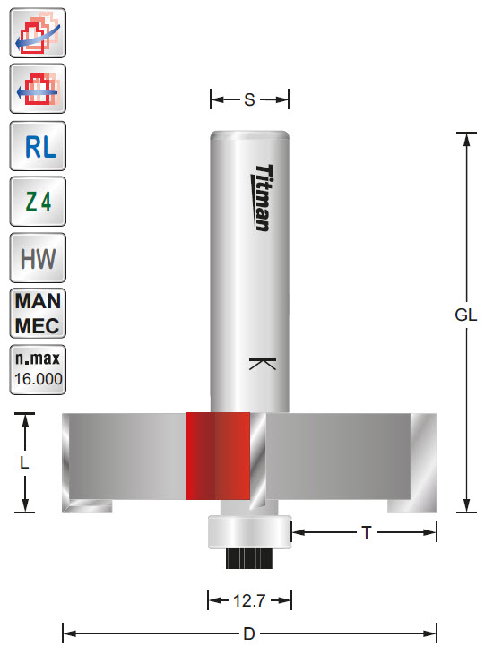 Falzfräser/Lager HW Z=4 D=57 L=15 d=12.7 T=22  S=12