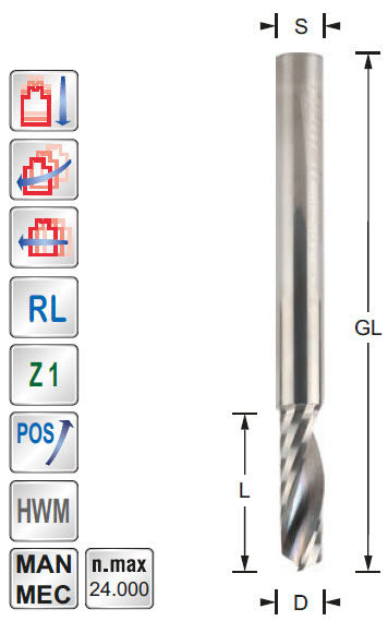 Spiralfräser HWM Z=1 D=10 L=35 GL=80 S=10 RL