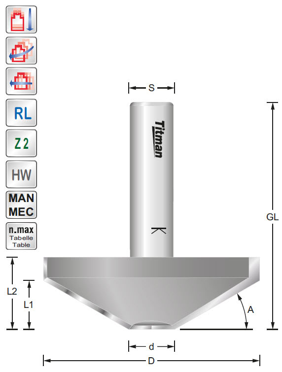Fasefräser HW Z=2 D=60 A=30° L=14+20 S=12