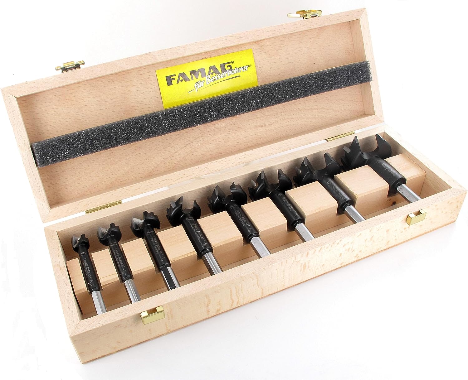 FAMAG 1663 Bormax³ HM Forstnerbohrer Satz im Holzkasten, 8-teilig: 15, 20, 25, 30, 35, 40, 45, 50 mm