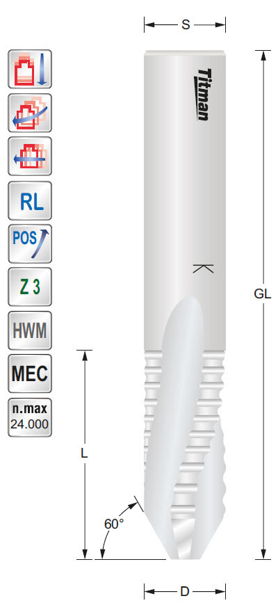 Durchgangslochfräser HW Z=3 D=14 L=65 GL=120 S=14