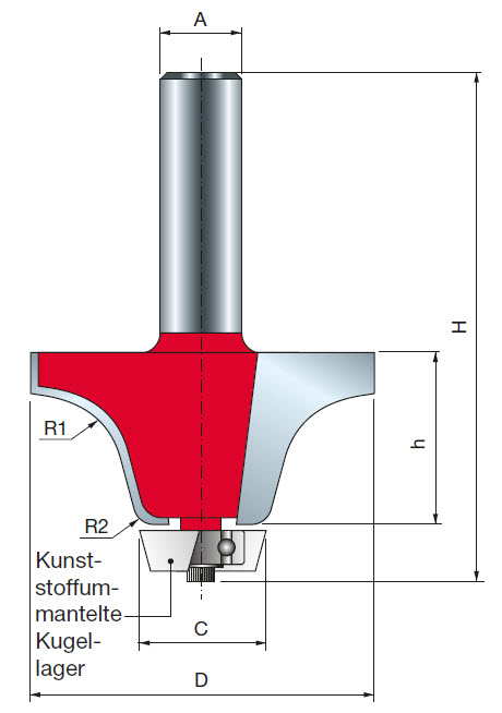 Freud Rundungsfräser für Becken Schaft 12 mm 12,7 x 6,35 (Radius 1 x Radius 2)