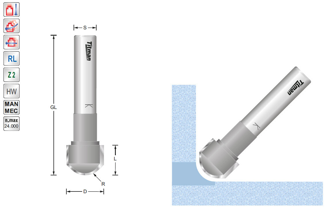 Hohlkehlfräser für Wandleisten HW Z=2 D=20 L=16 R=10 S=12