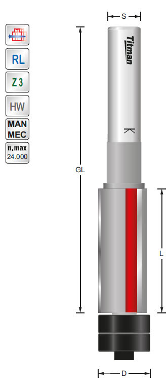 Bündigfräser/Lager HW Z=3 D=12.7 L=19 GL=96 S=12