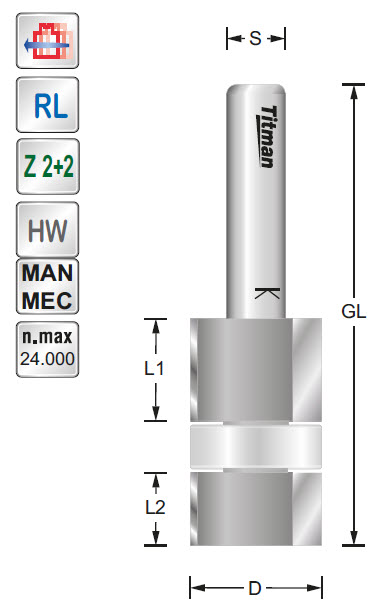 Doppel-Bündigfräser HW Z=2+2 D=18 L=10/14 S=8
