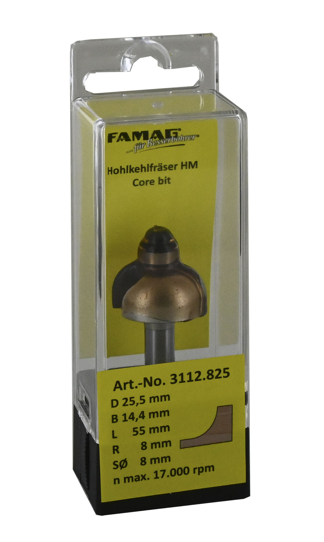 FAMAG HM-Hohlkehlfräser D41,5 B19 R16 GL51 mm, SØ8 mm mit Anlauflager D9,5 mm