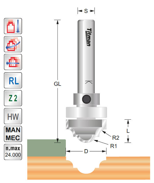 Profilfräser/Lager HW Z=2 D=22 L=12,7 R=5,5+4 GL=50 S=8