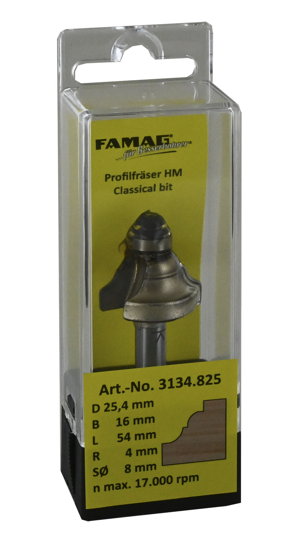 FAMAG HM-Profilfräser D3,94 B20 R6,35 GL 57 mm, SØ8 mm mit Anlauflager D9,5 mm
