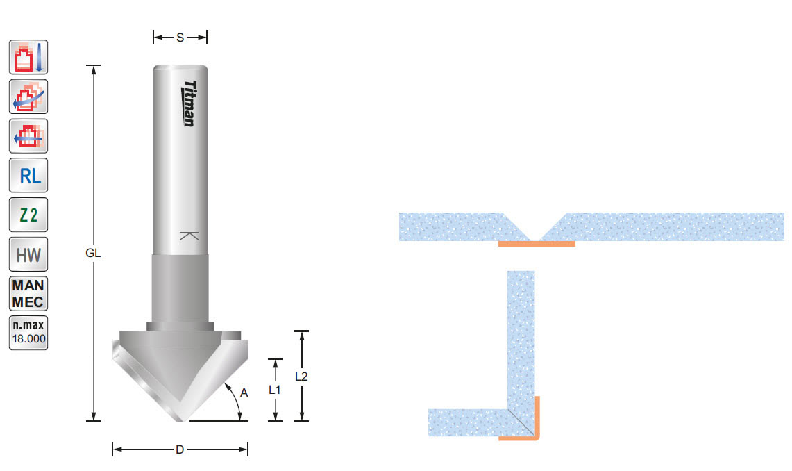 V-Nut-Fräser HW Z=2 D=30 L1=15 L2=20 A=45° S=12