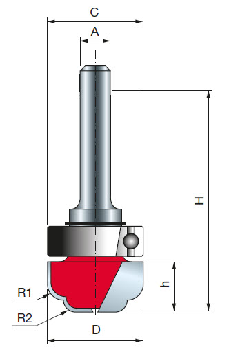 Freud Doppelhohlkehlfräser mit oberem Lager Schaft 6 mm 3,2 x 2,4 (Radius 1 x Radius 2)