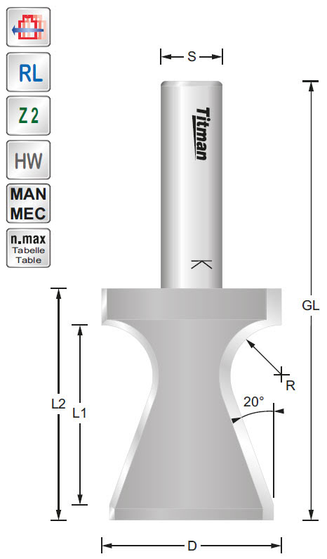 Abrund-Fasefräser HW Z=2 D=25 A=70° R=4 L=28 S=12